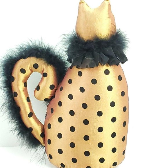 Plush 12" Cat Gold Black Polka Dot Faux Fur Feline embroidery Plump Shiny - Picture 5 of 12